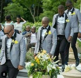 Classic Style Two Buttons Light Grey Wedding Groom Tuxedos Notch Lapel Groomsmen Men Suits Prom Blazer (Jacket+Pants+Vest+Tie) NO:1929