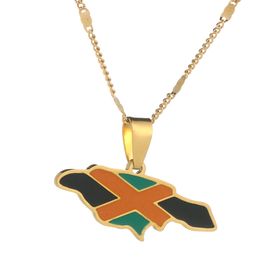 Stainless Steel Trendy Jamaica Map and National Flag Pendant Necklaces Jamaican Women Enamel Chain Jewelry Gifts