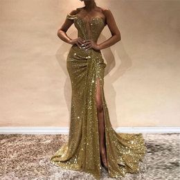 Sexy Gold Sequins Mermaid Evening Dresses Sweetheart Split Side Floor Length Sparkly Prom Dresses Formal Gowns Sweep Train