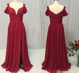 Dark Red Chiffon Bridesmaid Dresses A Line Straps Side Slit Floor Length Short Sleeves Maid of Honor Gown Beach Wedding Guest Party Wear