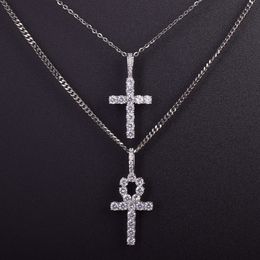 Iced Zircon Ankh Cross Necklace Jewelry Set Gold Silver Copper Material Bling CZ Key To Life Egypt Pendants Necklaces2810