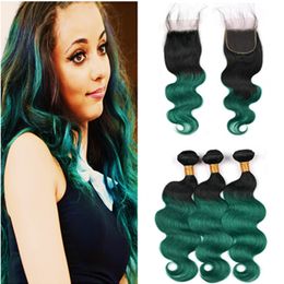 #1B/Green Dark Root Ombre Malaysian Virign Hair Bundles with Closure Body Wave Green Ombre Human Hair Weaves with 4x4 Lace Closure Piece