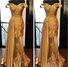 Blygsamma guld prom klänningar spetsapplikation pärlor mössa ärmar tyll elastiska satin overskirt formell ocn bär lång aftonklänning