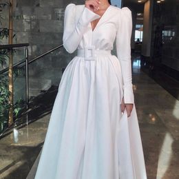 White Satin Long Sleeve Fall Winter Evening Dresses Prom 2020 V-neck Sashes Draped Empire Waist Princess Dresses Evening Wear Long Formal