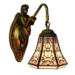 Tiffany Wall Lamp Baroque Vintage Stained Glass Iron Mermaid Wall Light Indoor Lighting Bedside Living Room Decorative Lights