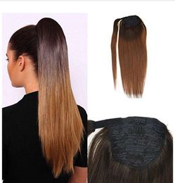 Straight Ponytail Hair Extension Clip in 10A GRADE human hair Ombre brown #4 Faiding to Brown #30 wrap ponytail hairpiece 10-22inch