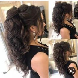 Celebrity prom ponytail hairstyle medium length with braid natural brown loose curl wraps pony tail hairpiece 140g 160g