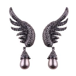 Wholesale- designer exaggerated glittering full rhinestone crystal lovely angel wings drop pearl pendant stud earrings for women girls