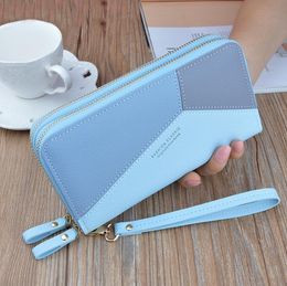 Factory wholesale women handbag new double zipper hand wallet stitching contrast Colour large capacity doubles wallets fashion leather long purses