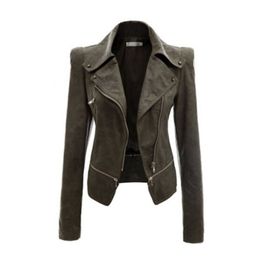 Fashion- Leather Jacket Zipper Jacket Turn-down Collar Full Sleeve Slim Jackets Ladies Autumn Winter Outside Wear Coats