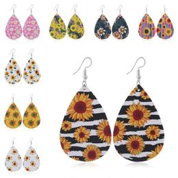 2020 Hot Sale Sunflower Printed Earrings for Women Fashion Faux Leather Earring Lightweight Teardrop Dangle Earrings Accessories Gifts