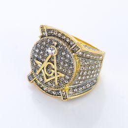 Wholesale High quality Brass Micro pave CZ stones Free Mason Ring AG Emblem square compass Masonic Freemason Jewellery for men women 18k gold