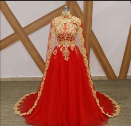 Elegant Red High Neck Arabic Long Prom Dresses With Cape Middle East Appliques Beaded Formal Prom Gowns Robe De Bal Evening Dresses