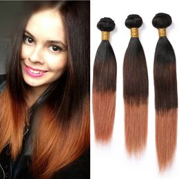 #1B 4 30 Ombre Human Hair Bundles Three Tone Brazilian Virgin Hair Weaves Straight Black Brown to Medium Auburn Ombre Double Wefts