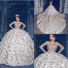 2020 Gorgeous Ball Gown Wedding Dresses Lace Sequined Star Sheer Jewel Neck Court Train Custom Made Arabic Weeding Gowns Bridal Dress