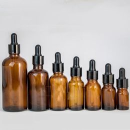 Free Shipping 5ml 10ml 15ml 20ml 30ml 50ml 100ml Essential Oil Glass Dropper Bottles Amber E liquid Bottles with Black Lid