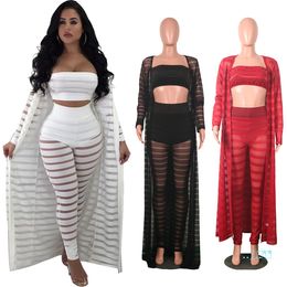 Women Three Piece Outfits Night Club Fashion Sexy Bodycon Lace Hollow Plus Size See-through Cloak Tube Top Leggings Set New 3 Color C3274