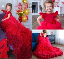 Red Flower Girl Dresses Tulle Tiered Skirts Jewel Neck Cap Sleeve Handmade Flower Girls Pageant Dress Backless Little Girls Formal Gown 62