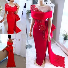 2019 Sheer Neck Saudi Arabic Red Satin Evening Dresses With Bow Sash Beaded Pearls Dubai African Formal Party Gowns Side Split Prom Dress