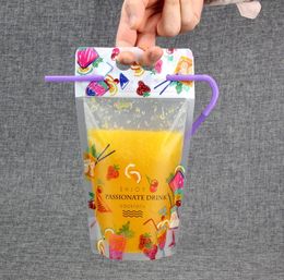 500ml Fruit pattern Plastic Drink Packaging Bag Pouch for Beverage Juice Milk Coffee, with Handle and Holes for Straw SN525