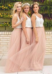 White Blush Pink Tulle Bridesmaid Dresses V Neck Sleeveless Straps Floor Length Long Maid of Honor Gown for Beach Country Wedding
