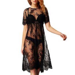 2019 New Women Lace Dress Party Casual Long Black Short Sleeve O Neck See Through Beach Wear Transparent Dresses Plus Size