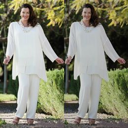 2019 White Chiffon Mother of the Bride Suits Pant Suit With Long Sleeves Custom Made Plus Size Mother of the Bride Dresses