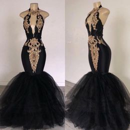 Sexy Black Halter Tulle Mermaid Long Prom Dresses Keyhole Lace Applique Gold Sparkly Backless Full length African Occasion Evening Gowns