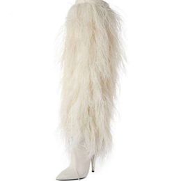 Sıcak Satış-sivri burunlu beyaz kürk yüksek topuklu kış kadın Uyluk Yüksek Çizmeler kadın ayakkabı botas parti ayakkabıları