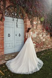 Eddy K 2019 Wedding Dresses Jewel Long Sleeves Lace Appliques Garden Bridal Gowns Button Back Sweep Train Country A-Line Wedding D293l