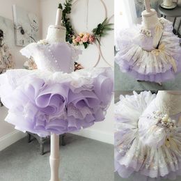 Cute Flower Girls Dresses Jewel Sleeveless Applique Lace Beaded Girls Pageant Dress Ruffle Tiered Tulle Backless Girl Party Gown Custom Made