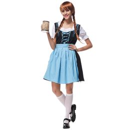 Women Blue German Beer Festival Costume Oktoberfest Bavarian Traditional Girl Sexy Mini Dress Embroidered Maid Cosplay Uniform