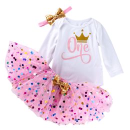 Baby Girl 1st Birthday Dot Romper Skirts 0-24 Month Newborn Infant Designer Printed Long Sleeve Dresses Cotton Romper+Tutu skirt+Headband=3PCS/Set