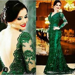 Arabic Emerald Green Mermaid Evening Dress Cheap V-Neck Sheer Backless Long Sleeves Mother Formal Wear Party Gown Custom Made Plus Size