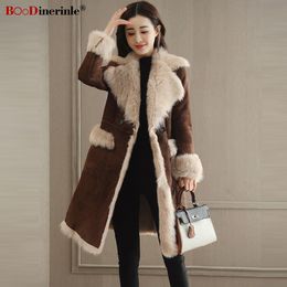Fashion Winter Women's Brown Suede Coat Female Long Thicken Warm Fur Jacket Simple Street wear Stitching Outwear for Women L072