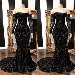 New Sexy Arabic Black Prom Dresses Illusion Sequined Lace Off Shoulder Mermaid Long Sleeves Sequins Party Gowns Formal Evening Dress Wear