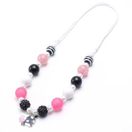 Cute Cow Pendant Necklace Animal Jewellery For Baby Girls Chunky Bubblegum Beads Necklace DIY Adjust Rope Kids Gift