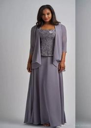 Three Pieces Chiffon Long Mother Of The Bride Dress Square Neck Long Sleeve Jacket Grey Mother's Dress Floor Length Formal Evening Gowns