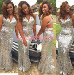 Bling Sheath V-Neck Sequined Prom Dresses Cross Straps 2k19 Formal Party Wear African Black Girl Evening Gowns Guest Wear Robe De Soiree