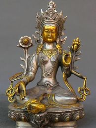 7.9" Tibet Tibetan Buddhism Paktong White Tara Kwan-yin Goddess Guan Yin Statue