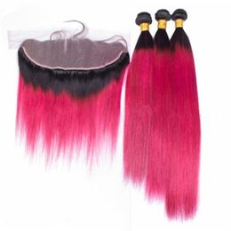 Hot Pink Ombre Peruvian Virgin Hair Weaves with 13x4 Lace Frontal Closure Straight 1B/Hot Pink Ombre Human Hair Bundles with Frontals