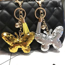 Cute Butterfly Keychain Glitter Pompom Sequins Key Chain Gifts for Women Bag Charms Car Key Ring Accessories Wedding Souvenir