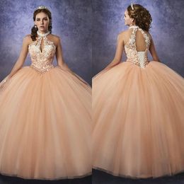 2020 High Neck Quinceanera Dresses Beaded Crystal Lace Back Corset Ball Gown Prom Graduation Dress Sweet 15 Party Dress