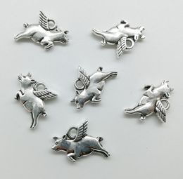 Wholesale 100pcs Cute Flying Pig Alloy Charms Pendant Retro Jewellery Making DIY Keychain Ancient Silver Pendant For Bracelet Earrings 14*19mm