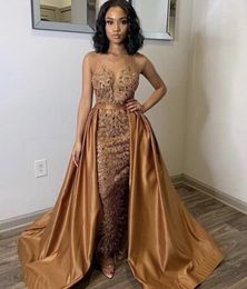 gold mermaid evening dresses with detachable train sheer neck formal prom dress lace appliqued beads pageant party gowns