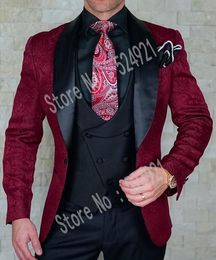 Brand New Men Suits Dark Red and Black Pattern Groom Tuxedos Shawl Satin Lapel Groomsmen Wedding Best Man ( Jacket+Pants+Vest+Tie ) L419