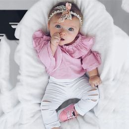 2pcs/lot Infant Clothing Baby Girl Clothing Striped Romper Torn Trousers Clothes Cute Girl's clothing set