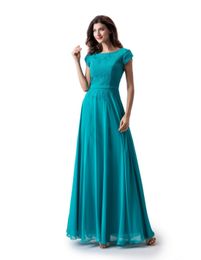 Simple Turquoise A-line Lace Chiffon Long Modest Prom Dress With Cap Sleeves New Jewel Floor Length Teal Wed Party Dress