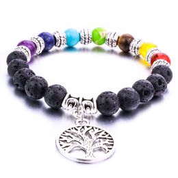 8MM Black Lava Stone 7 Chakra Tree Of Life Bracelet DIY Aromatherapy Essential Oil Diffuser Bracelet For Women Men