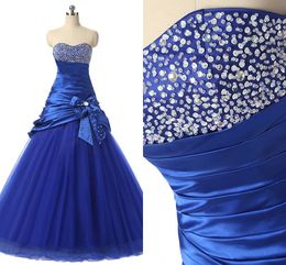 Real Picture Royal Blue Pleat Bow Ball Gowns Prom Quinceanera Dress 2020 Beaded Crystal Strapless Tiered Lace-up Graduation Party Vestidos